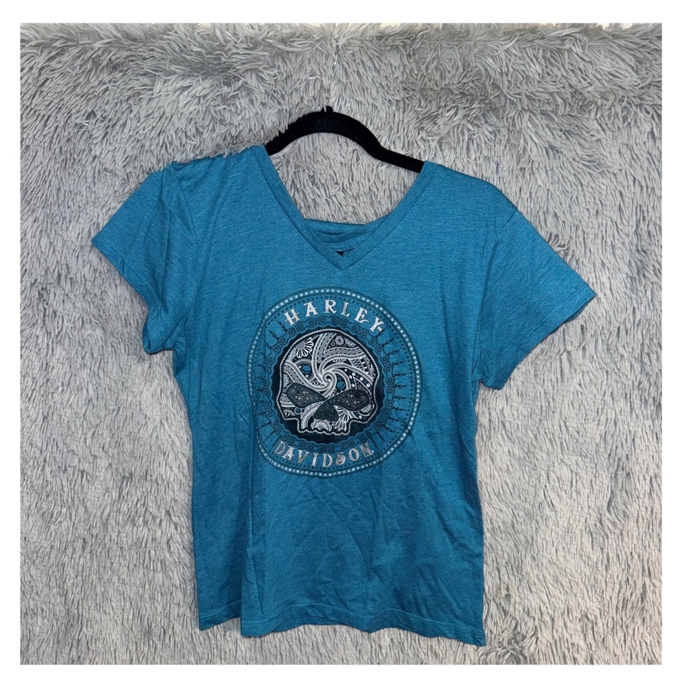 Harley Davidson el paso tx Skull Graphic V Neck T Shirt Teal